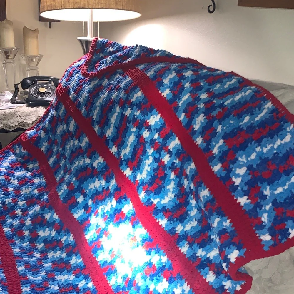 Colorful Red White Blue Handmade Crochet Blanket Afghan Apprx. 50x52 inches - Picture 9 of 16